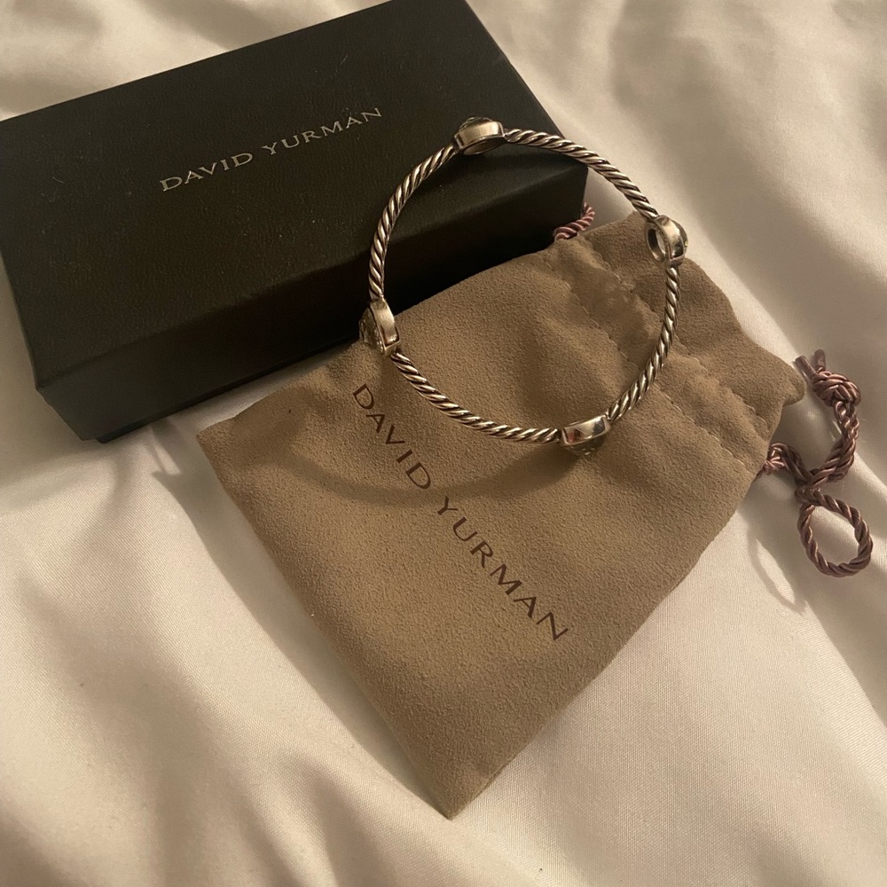David Yurman sterling silver bangle with aquamarine stones
